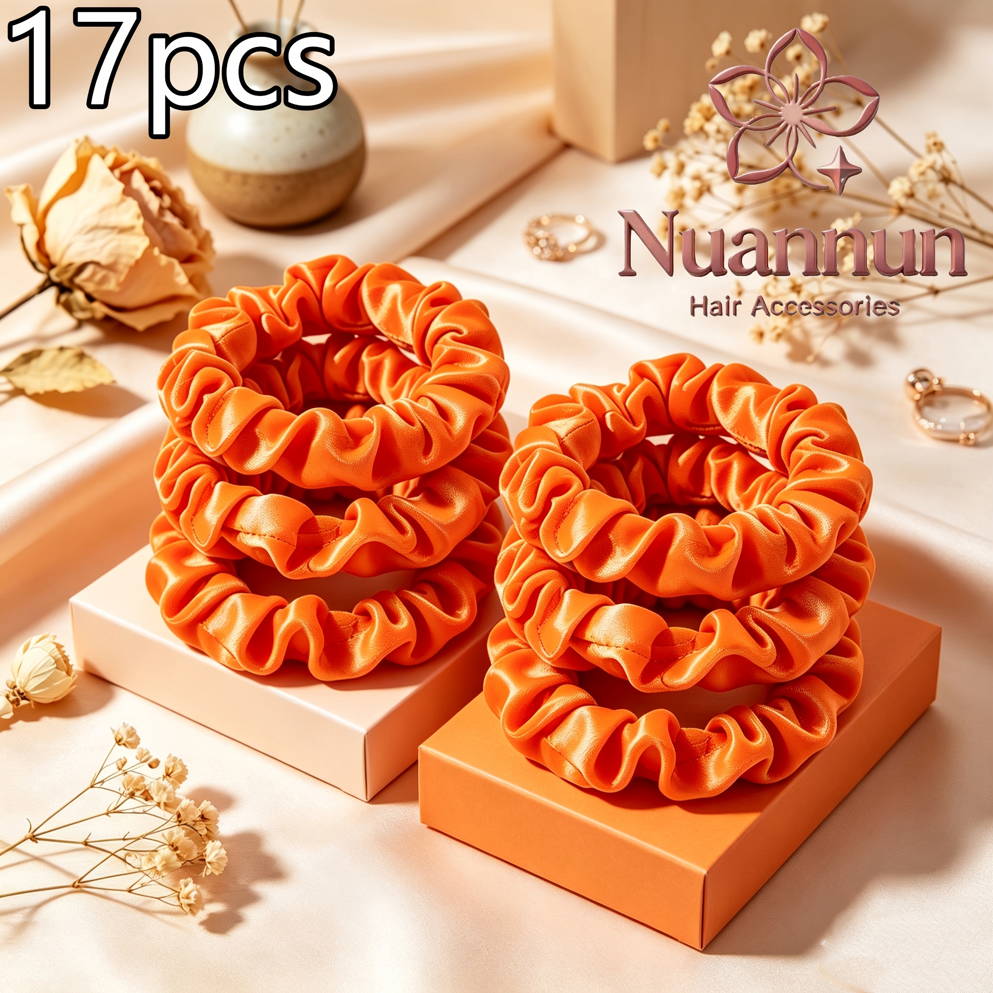 TEMU 17pcs Orange Satin Hair Ties Suitable For High/low Ponytails & Buns - High Elasticity Durable Hair Bands With Pleated, For,, Ponytail & Bun