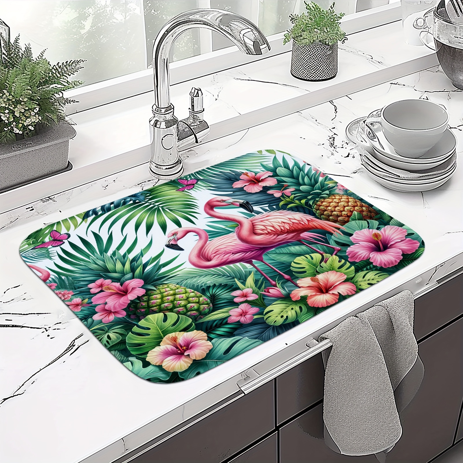 

Flamingo Floral Dish Drying Mat - Ultra Absorbent Microfiber, Reversible Design, Soft Memory Foam Filling, Multi-use For Kitchen & Bathroom Countertops