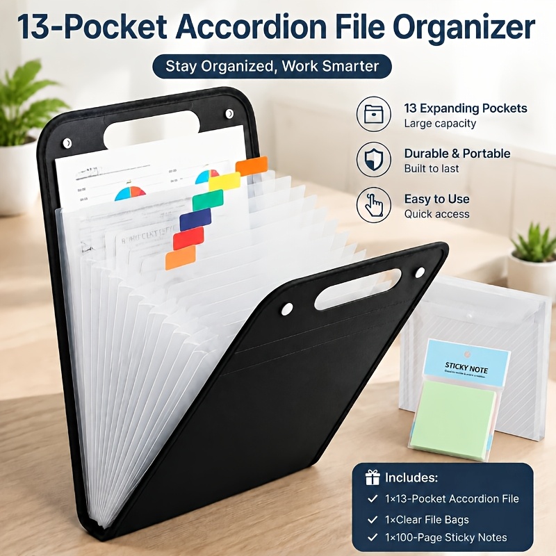 TEMU Accordion File Folder (1 Expanding File Pocket + 1 Clear Document Bag + 1 Sticky Note Book)large Capacity With Classification Labels, Portable