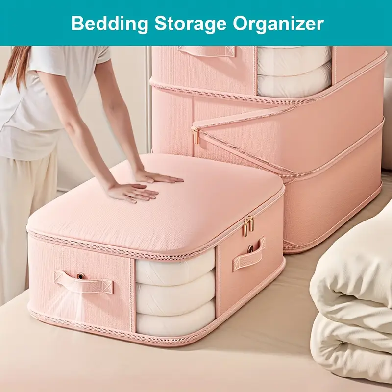 extra large capacity space saving compression storage bags with zipper closure heavy duty nylon organizer for clothes bedding travel stackable compression bags for home moving storage units     pink beige more ideal for closet under bed organization   space saver sturdy handle feature moving supplies   reinforced   home organizers Product details 5
