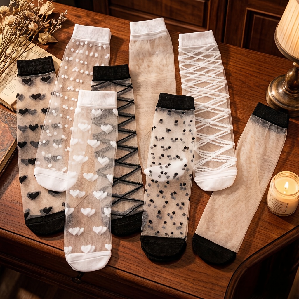 TEMU 5 Pairs Random Colors Women's Socks Sexy Sheer Lace Mid-calf Socks Floral Stripe Polka Dot Patterns Soft Comfortable Breathable Fashionable