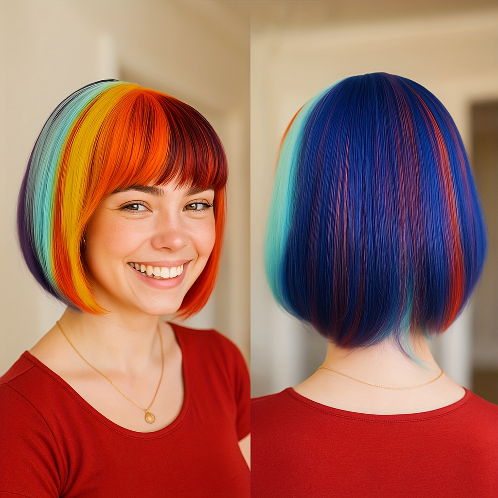 TEMU Perruques de 14 pouces pour femme avec frange, perruques courtes droites coupe carrée, perruque synthétique colorée pour cosplay et fête