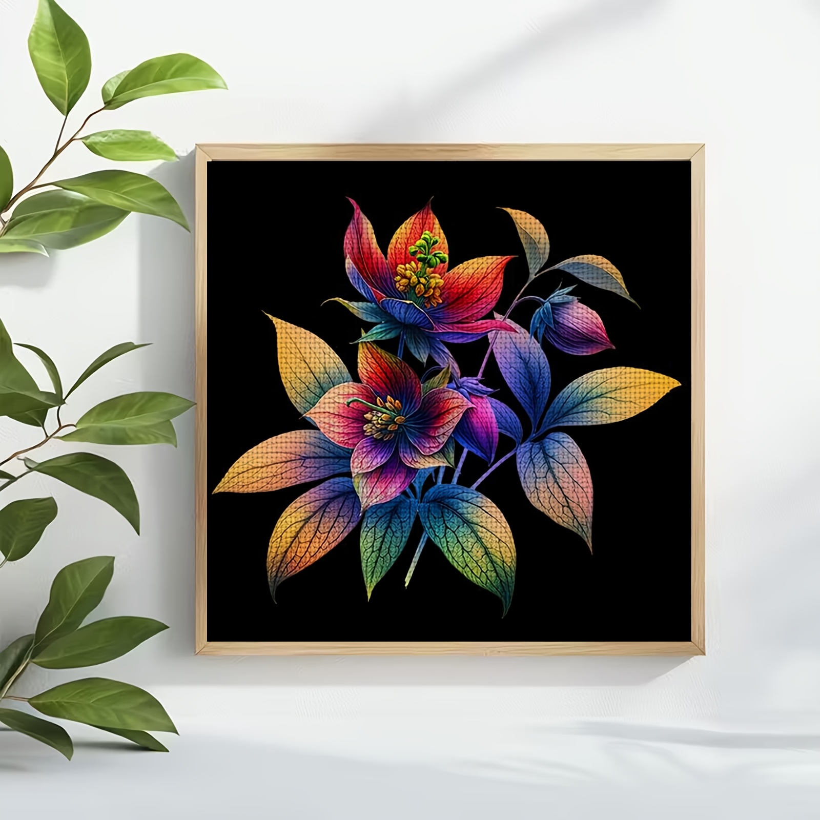 Cross Stitch Printed Kit, Frameless, Black Background with Colorful Flower Cluster