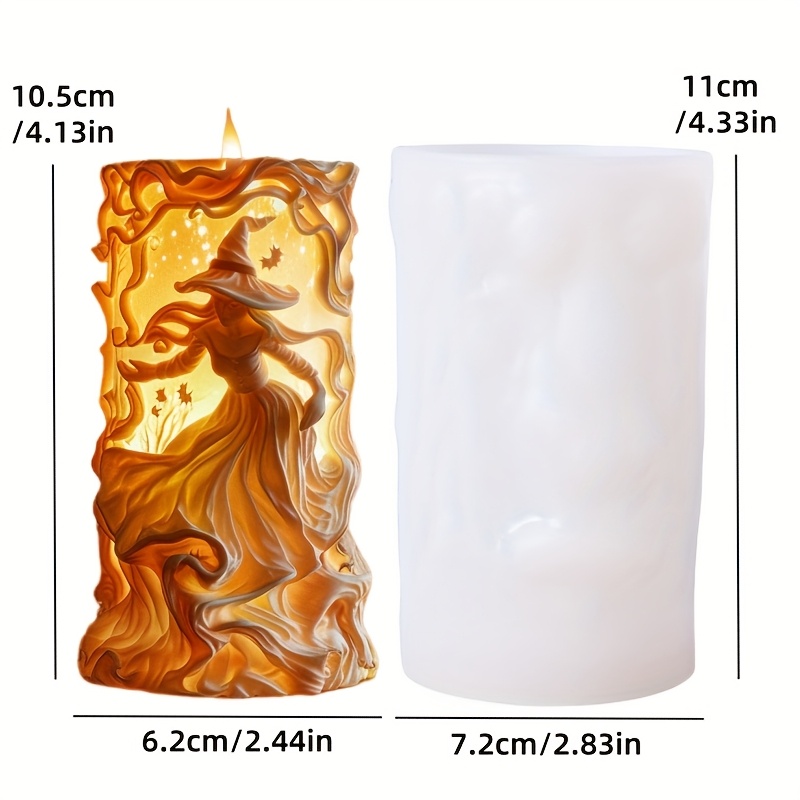 Image of Halloween Witch Silicone Mold For Resin & Plaster - Intricate Long Dress Witch With Flying Stars & Vines Design, Irregular Shape Candle Holder Or Holiday Decoration Gift