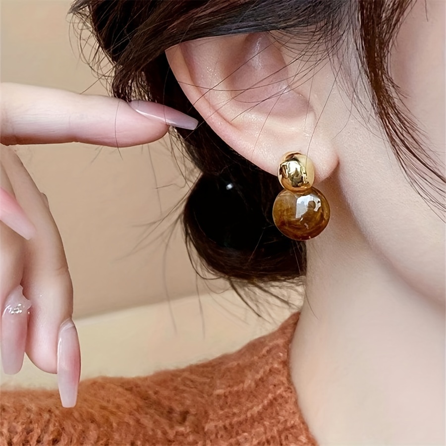 Boho Style 14K Golden Plated Copper Geometric Drop & Dangle Earrings for Women - Fashion Round Resin Textured Earrings, Stainless Steel Ear Needle, No Mosaic Material, Suitable for Party Occasions, All Seasons