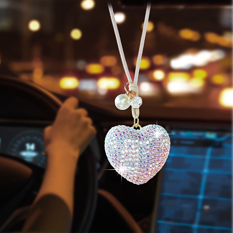 Sparkling Crystal Heart Car Hanging Ornament With Pearl Accent - Elegant Rearview Mirror Decor, Durable Car Interior Accessory For , Car Decoration, Charm, Goldtoned Chain