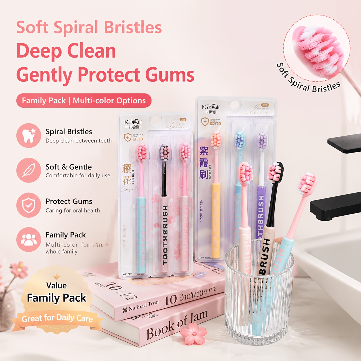 Cherry Blossom Toothbrush Set with Soft Bristles