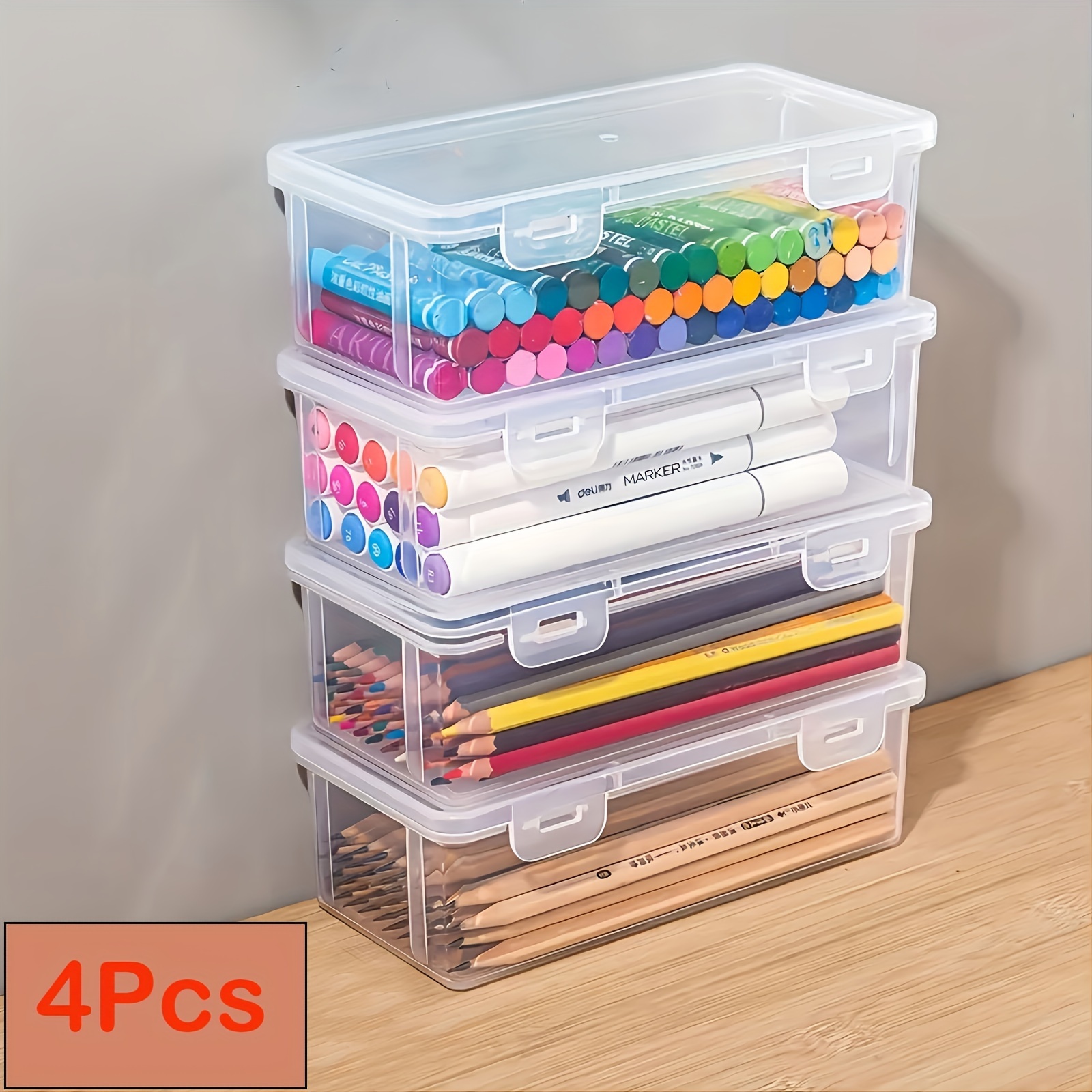 

4pcs Large Capacity Pencil Cases - Clear Plastic, Multi-functional Storage Boxes With Hinged For School & Office Supplies, Markers, Colored Pencils, Pens