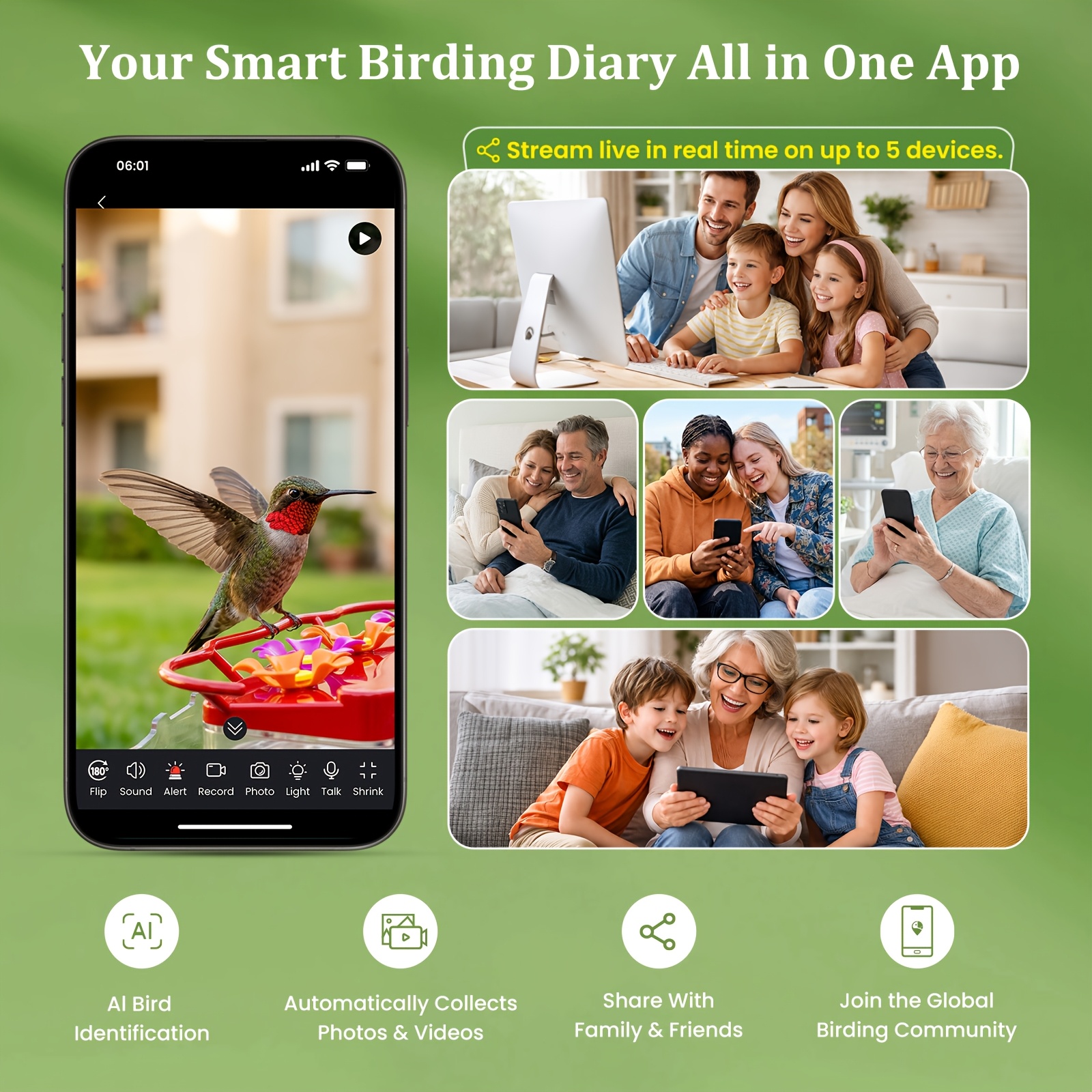 HIXX Smart Bird Feeder with 2K HD Camera, AI Bird Identification, Color Night Vision, Black or Red