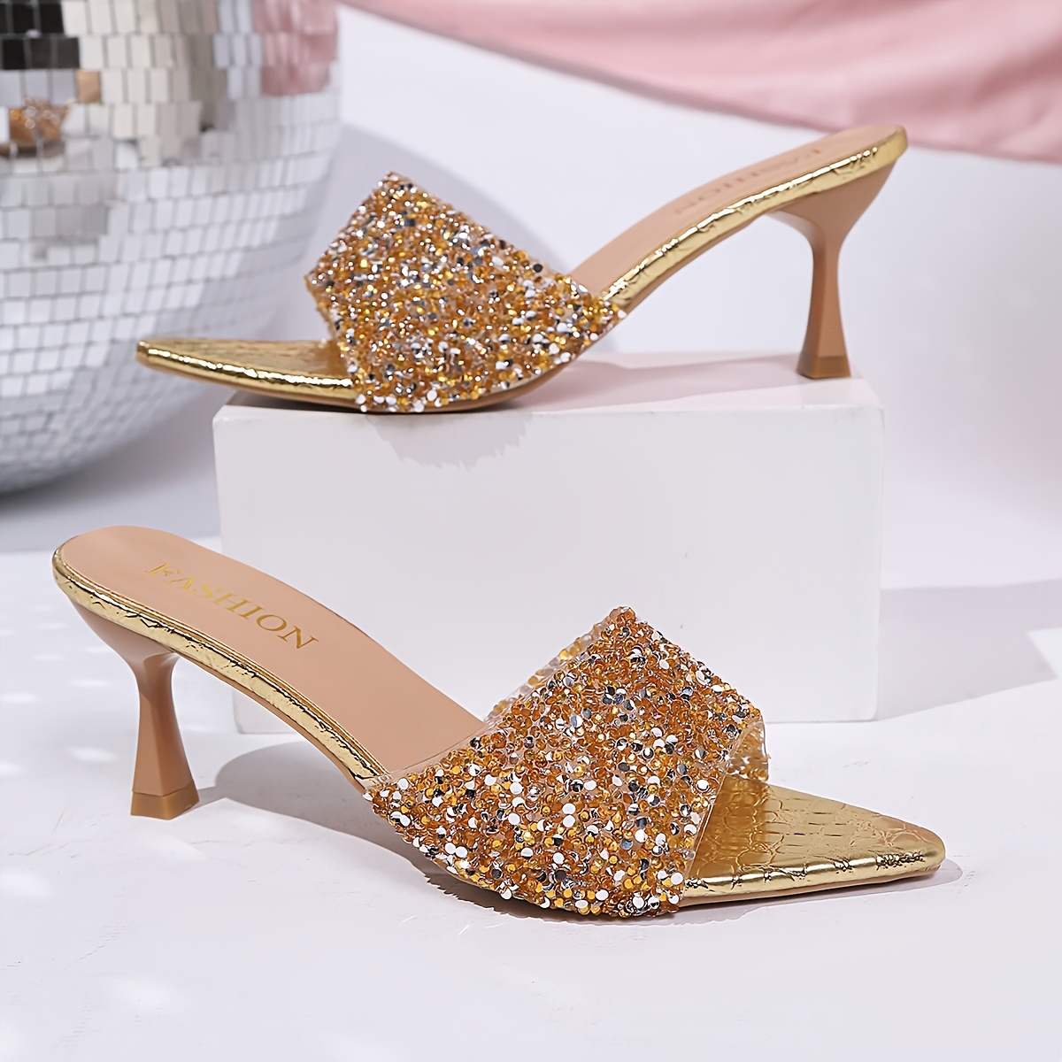 TEMU Summer Solid Nightclub Style Sexy Party Dress Elegant Pu Rhinestone Women' Toe Chunky Heel Women Shoes Wedding Party Outdoor Women Sandals Women