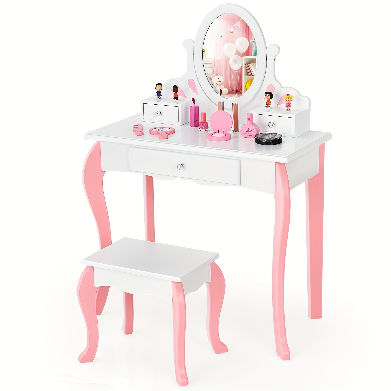 

1set Vanity Set, Princess Makeup Dressing Table With Stool, Wooden Construction, White Table With Legs, Includes Mirror And Drawer, Perfect For Playroom Or Bedroom Decor