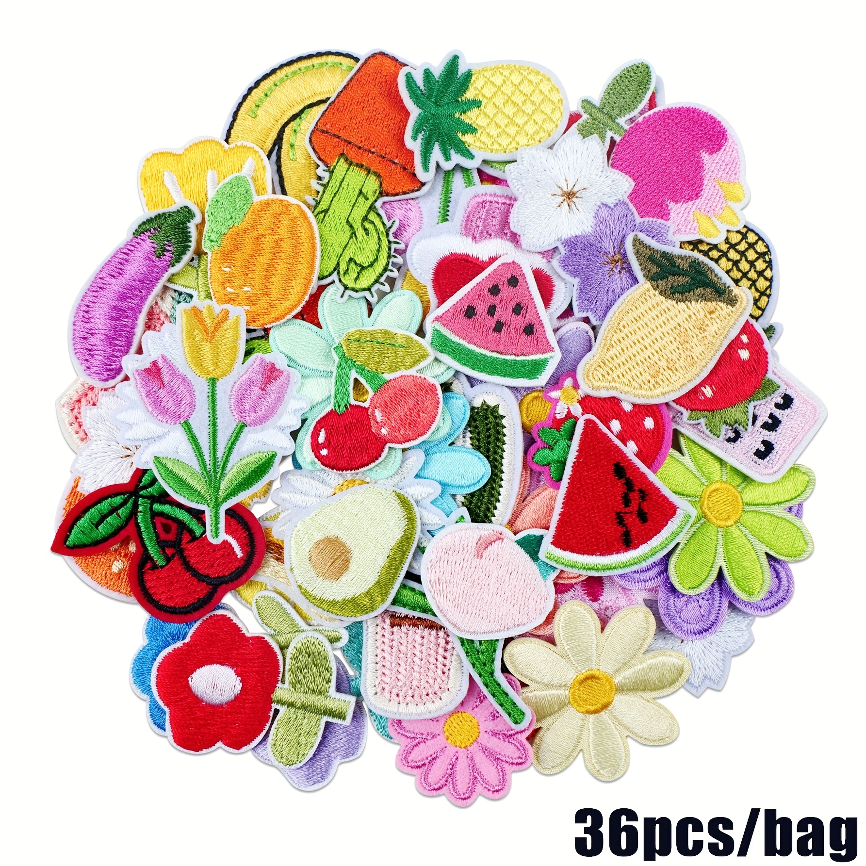 Image of 36pcs Fruit, Cactus And Other Embroidery Patches Set, Vibrant Mixed Colors, Durable Fabric Suitable For , Jackets, T-shirts, Backpacks, Socks, And Jeans