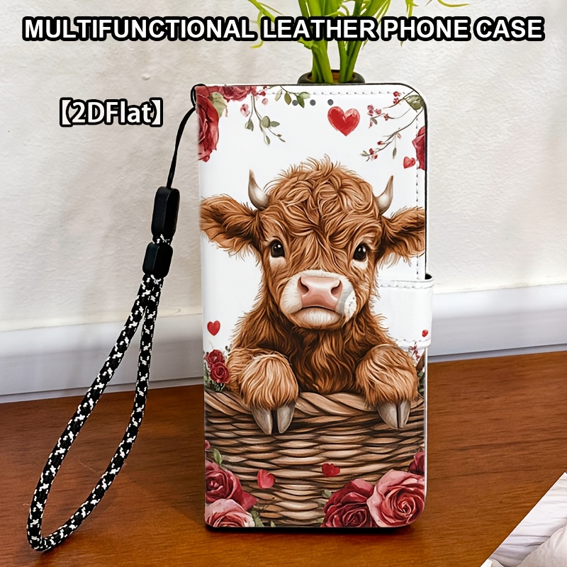 TEMU Phone Case - Rose Cute Cow Pattern, Wallet Case, Magnetic Closure Flip Full Protection Anti-drop Foldable Phone Case, Compatible With Iphone