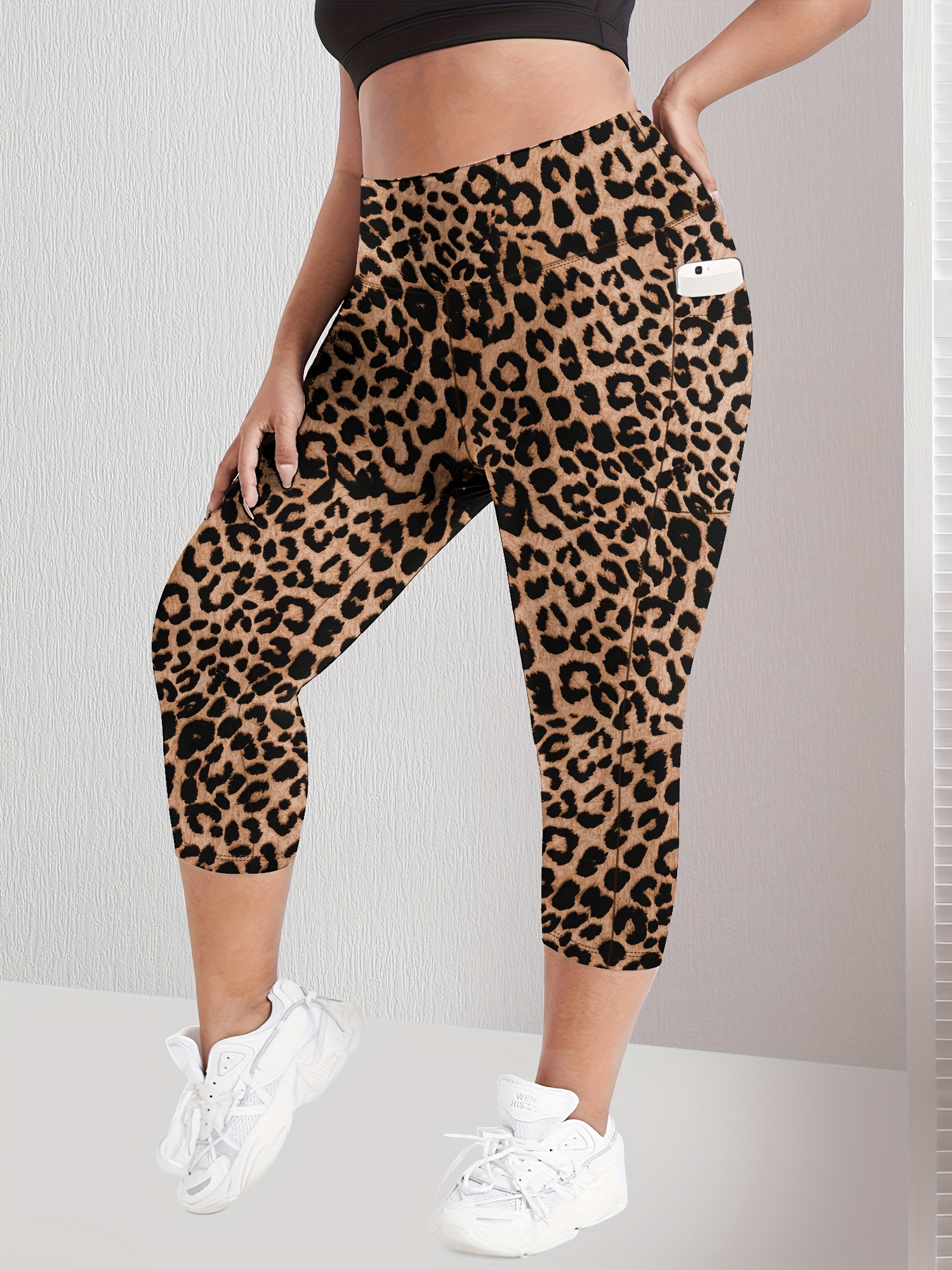 Plus Size High-Waisted Leopard Print Capri Pants with Side Pocket - Stretchy Casual Skinny Jeans for Spring/Summer/Fall, Casual Wear|Leopard Print Pants|Stretchy Fabric