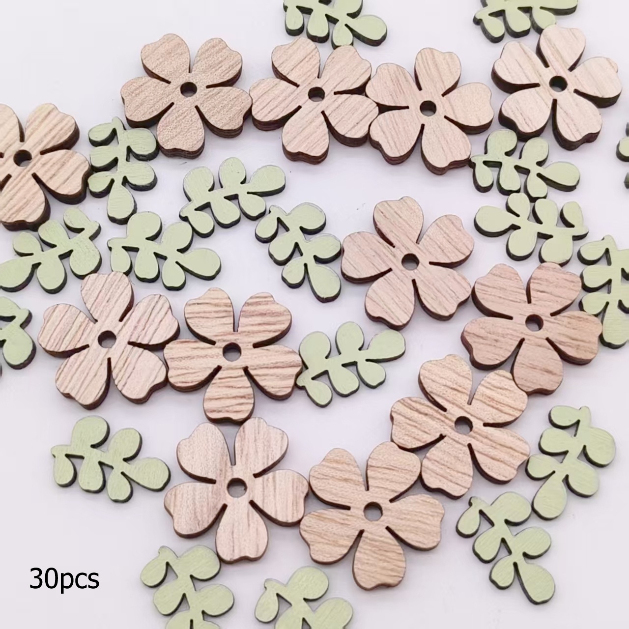 30pcs Wooden Confetti | Flower And Leaf Shapes In White And Natural Colors With Green Leaves For Spring And Easter Decoration