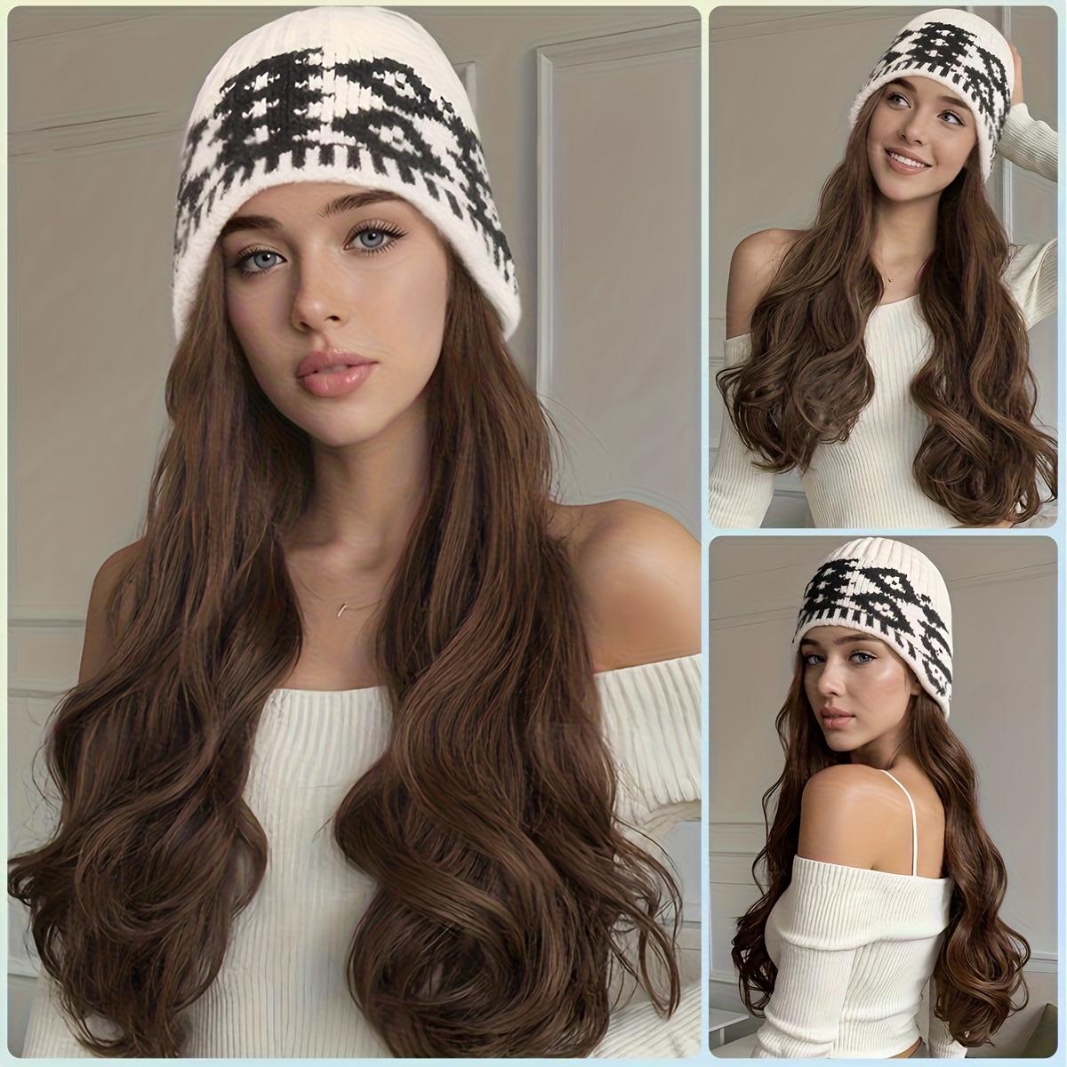 TEMU Women's Knitted Wig Hat With Curly Hair - Winter Warm Fleece Lined, Face-framing & Hair Volume Boosting, Christmas Party, New Year's Eve Outfits