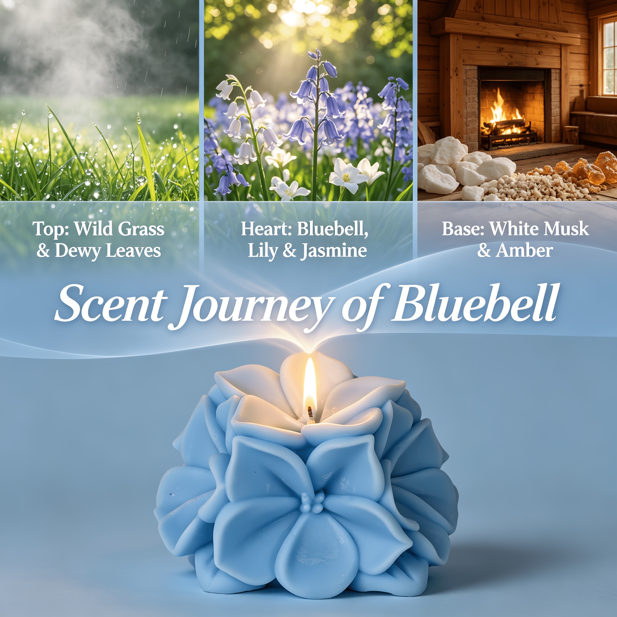 Bluebell Scented Flower Candle Gift Set with Box And Meditation Card - Blue Hydrangea Shaped Wax for Home Decor, Yoga, Spiritual Space - Middle Eastern Serenity Aesthetic - Unique Mindfulness Gift for Her, Birthday, Housewarming
