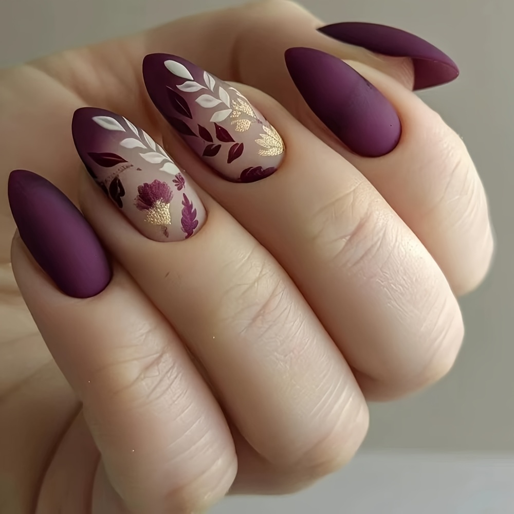 TEMU 24pcs Plaques d'ongles à coller de , style minimaliste européen et américain, motif de feuilles dégradé violet, nail art mat adapté au port par