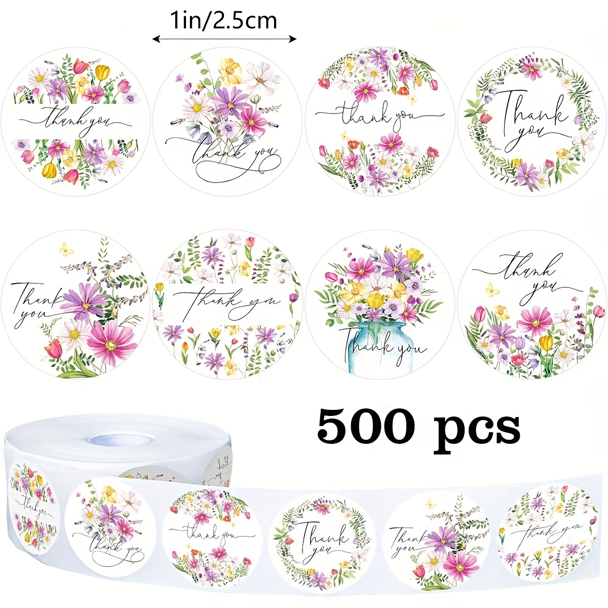 TEMU 500 Floral Thank You Stickers Roll, 1-inch Round, Featuring 8 Colorful Flower Designs, Self-adhesive Round Seal Stickers For Gifts, Envelopes,