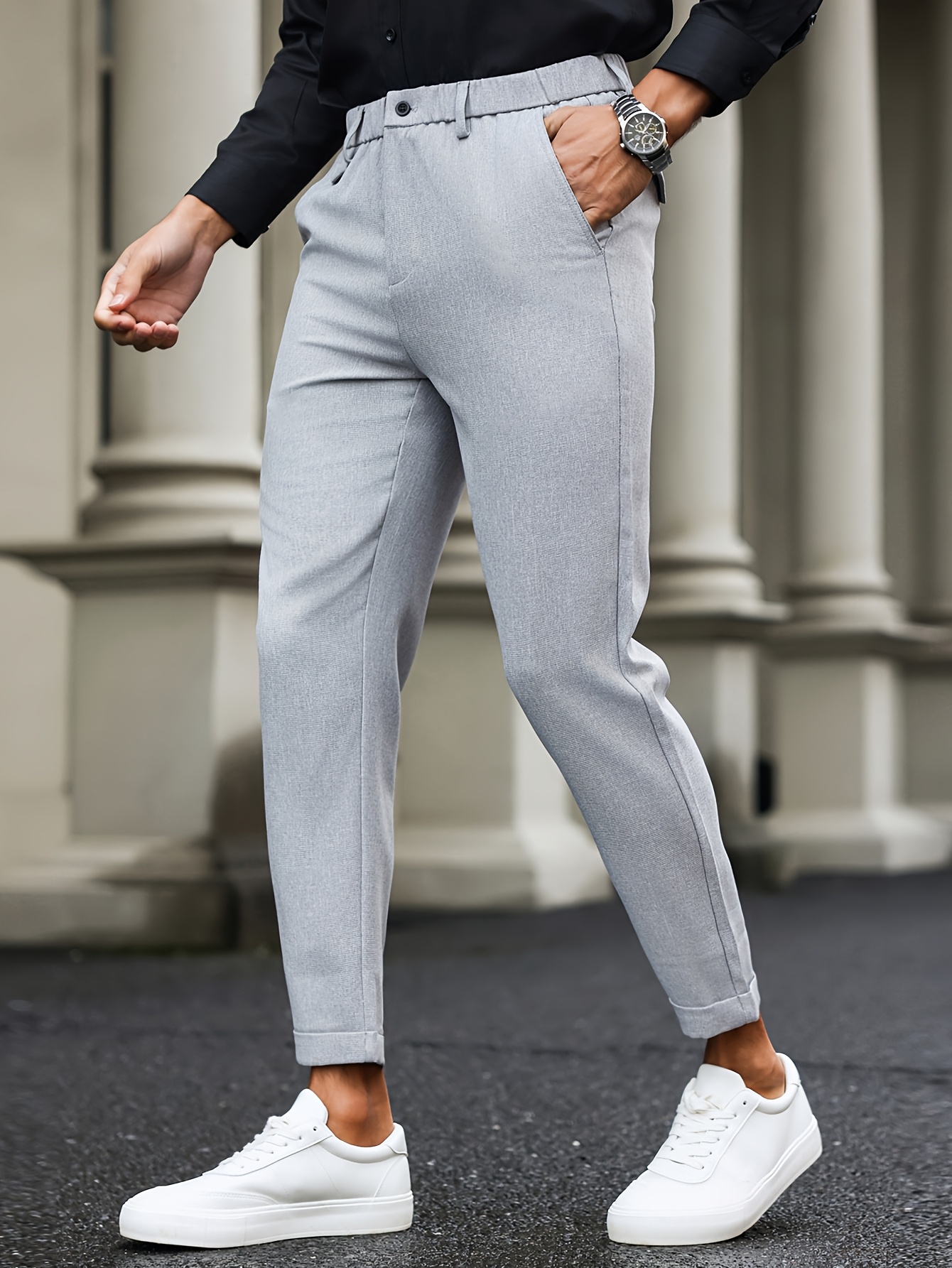 pantalones vestir ajustados hombre color beige cintura Temu