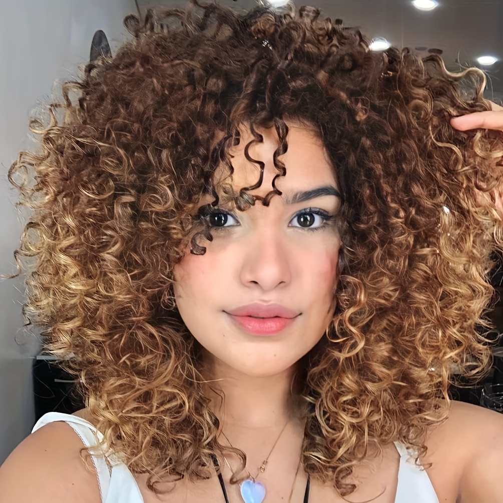 TEMU Afro Wig With Bangs For Women - High Temperature Fiber Synthetic Hair, Natural Look Rose Net  , 200% Density, Heat Resistant, Versatile For Daily And Party Use