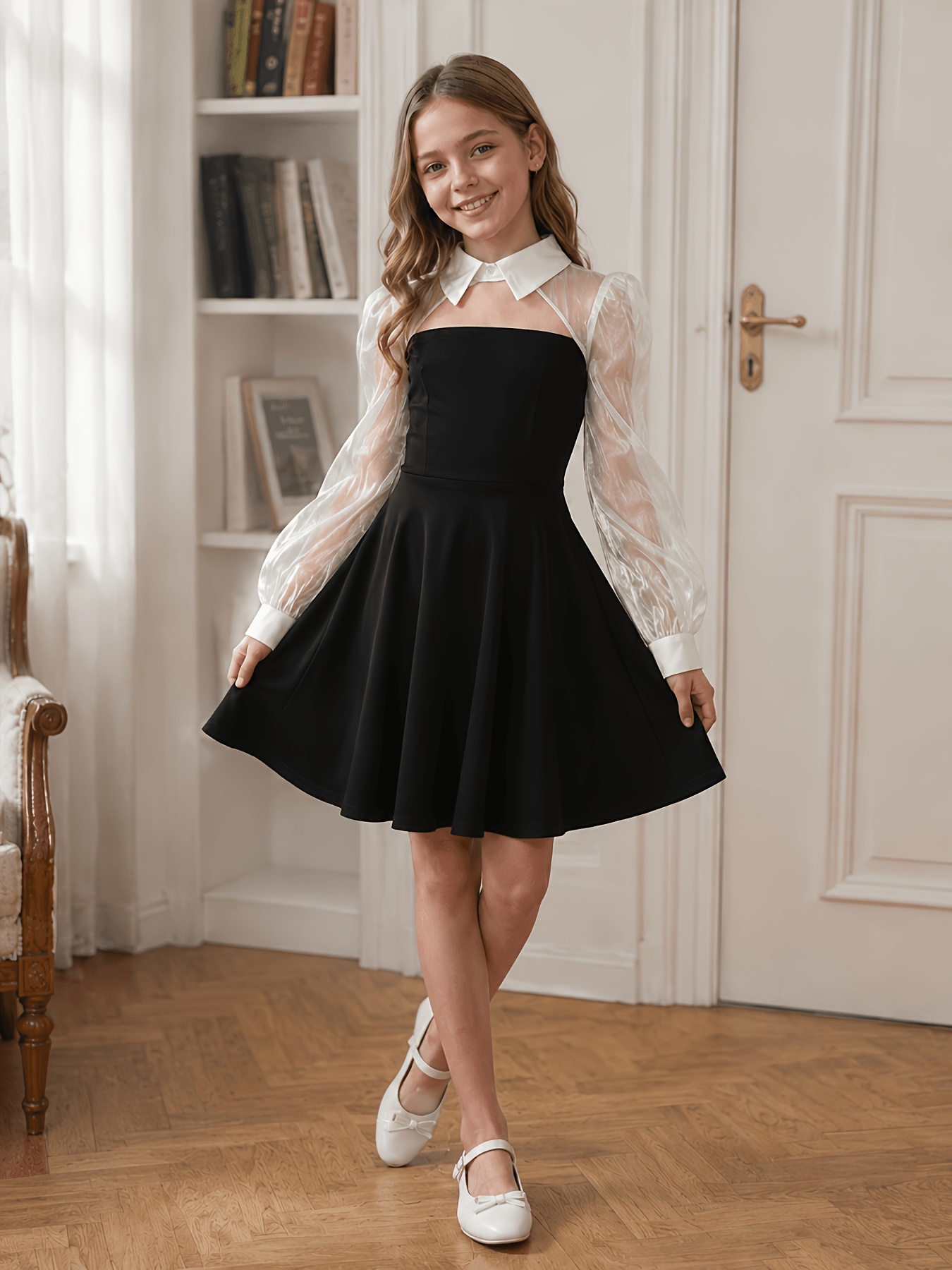 knee length black dress with white collar girls long sleeve cute a line vintage peter pan collar dress