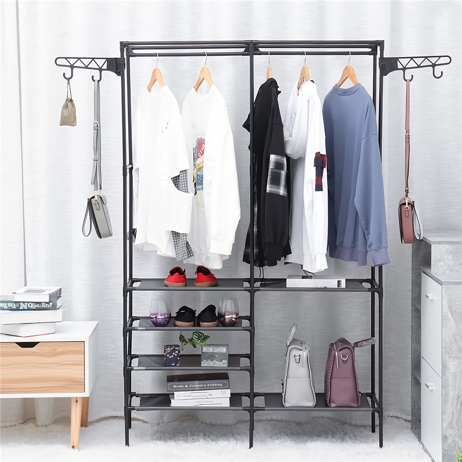 

Metal Paint Clothes Rack With Hooks, Freestanding Hanging Storage Organizer For Bedroom, Bathroom, Office, Entryway