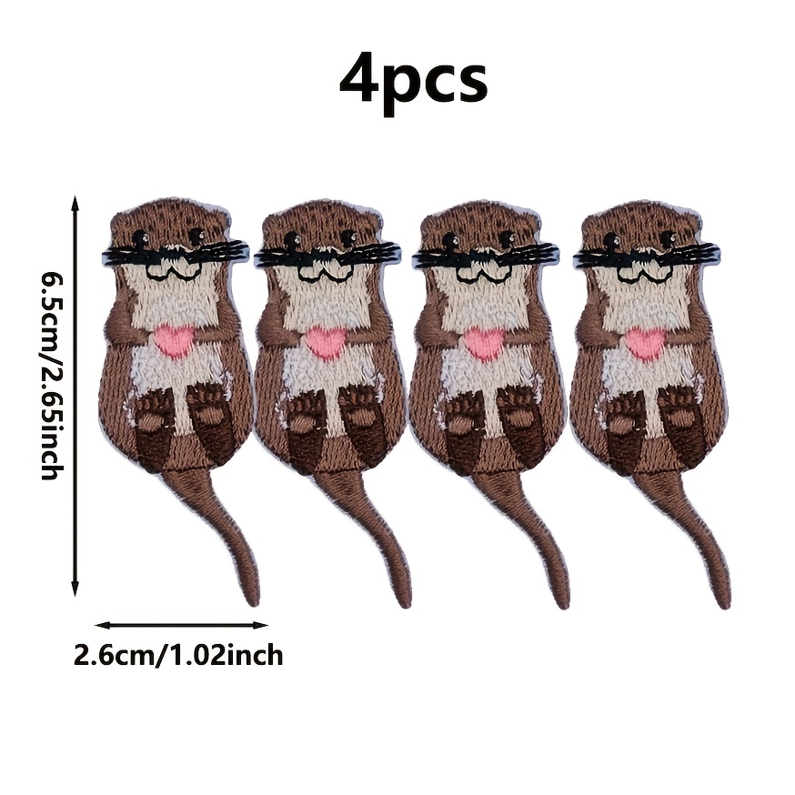Image of 2/4pcs, Cute Otter Hot Stamping Patches - Heart And Leaf Design, Easy To Sew, Perfect For Diy Jackets, T-shirts, Bags & Hats - Adorable Otter Accessories For Unique Outfits!