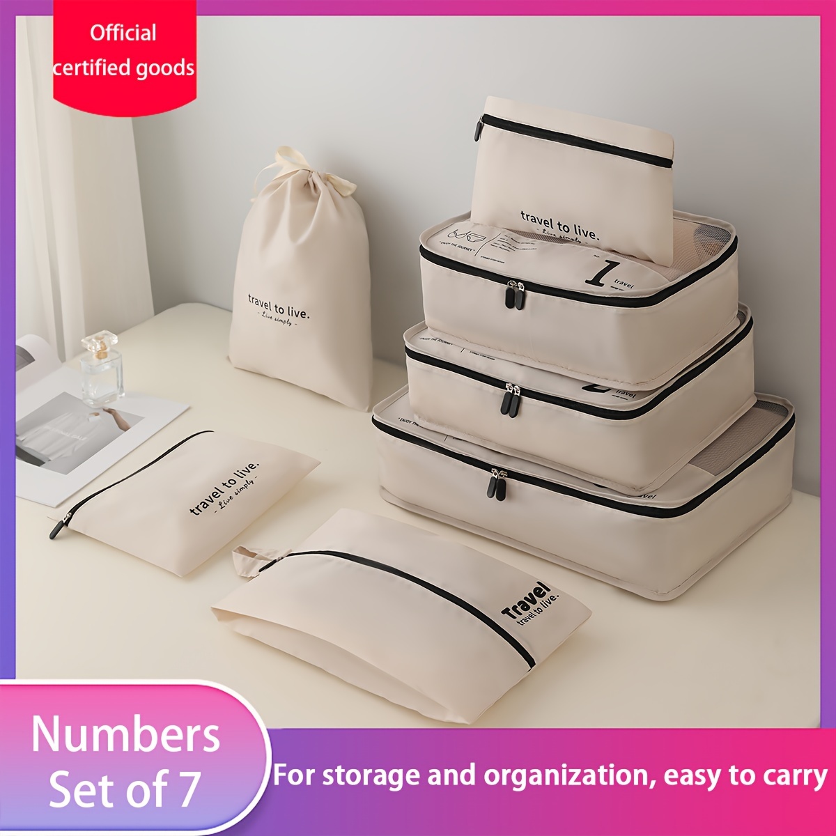 TEMU Ensemble de 7 sacs de rangement de voyage imprimés pour organiser les vêtements, les chaussures et les bagages