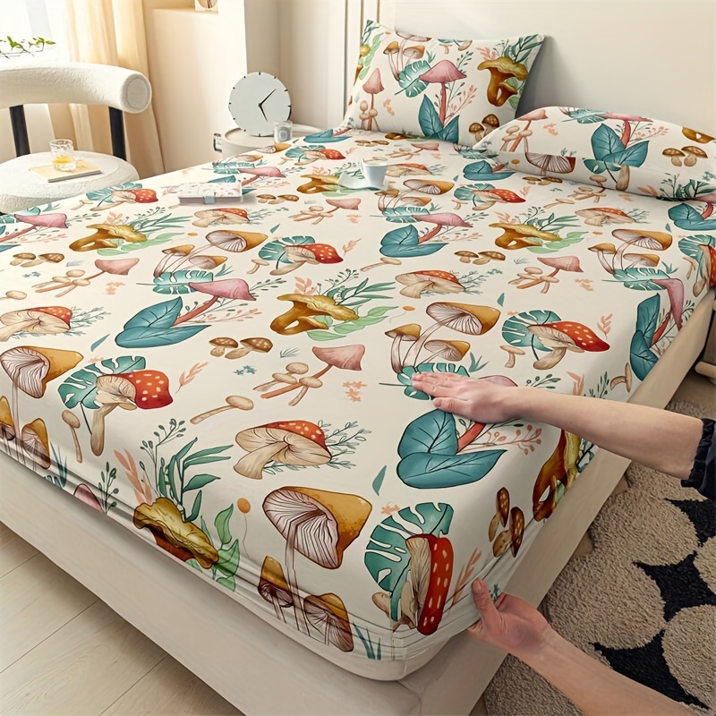 100 polyester fiber 3pcs   mushroom print fitted sheet set with pillowcases fresh and breathable jungle design   one fitted sheet   pair of pillowcases