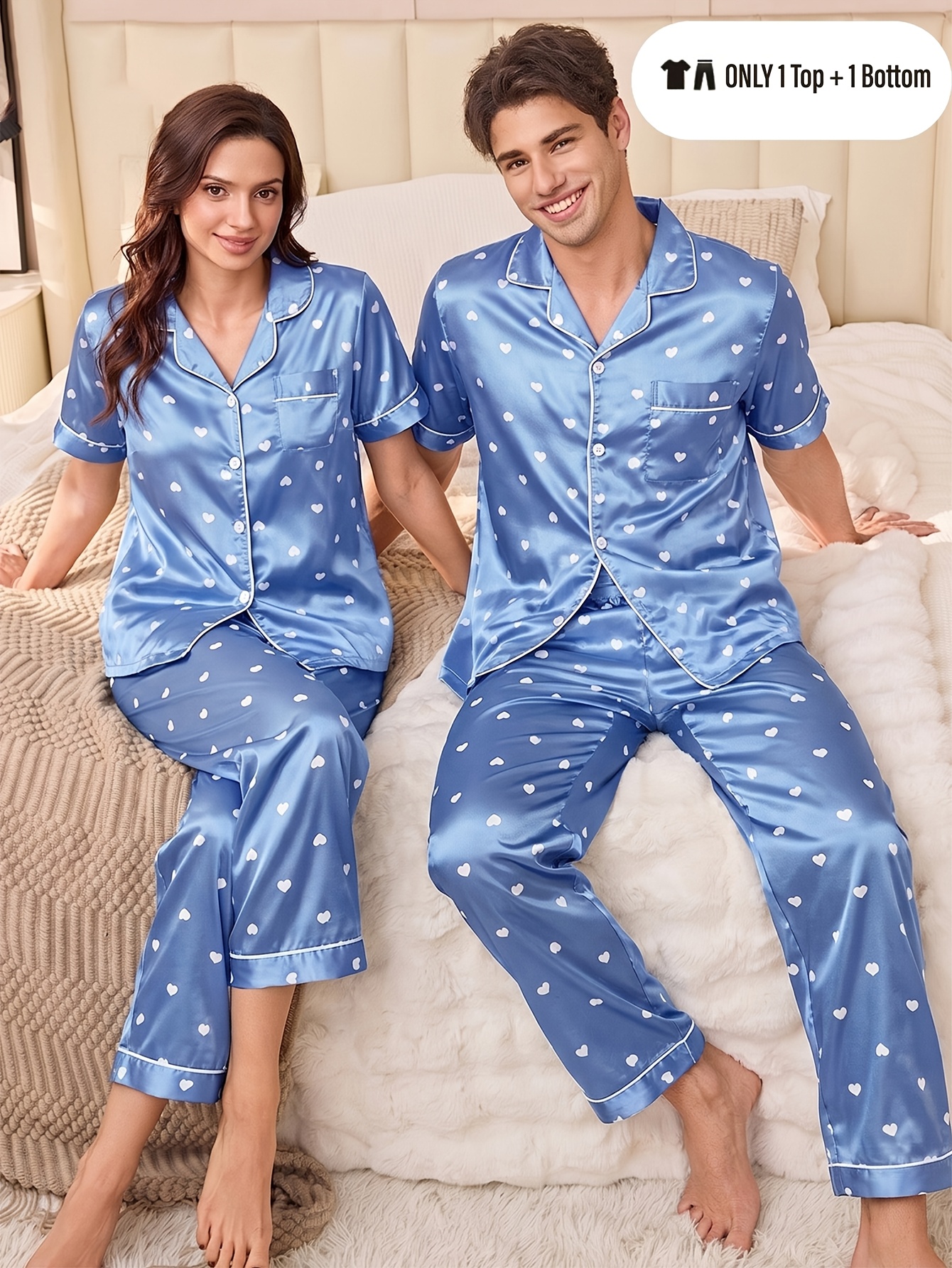 [MEN/WOMEN] Couple's Style Men's or Women's Short Sleeve Top + Long Pants Heart Pattern Print Y Cardigan Button-Up Letter Print Solid Color Loungewear Casual Vacation Spring Summer Autumn 1pc