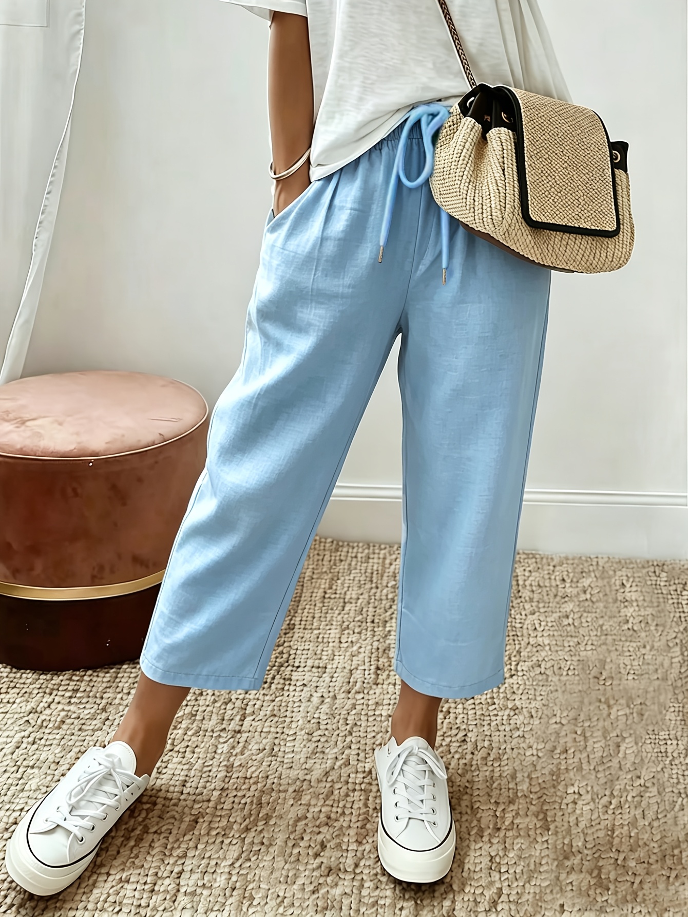 womens elegant cropped wide leg trousers elastic waist suitable for commuting office casual wear cropped length 7   free pockets machine washable solid color pants for spring summer fall regular fit