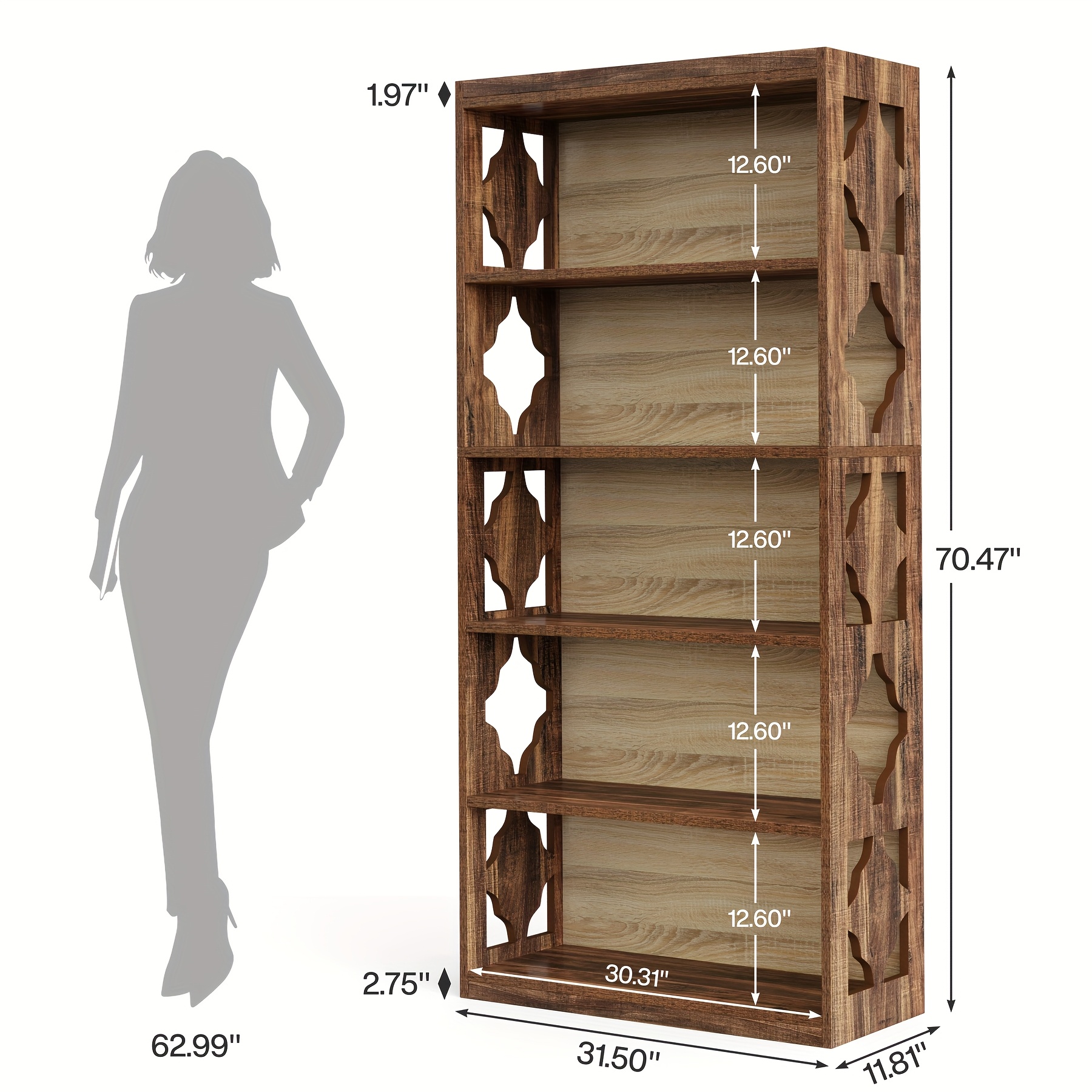 5 tier tall bookshelf bookcase large wooden shelf 11 81 d x 31 5 w x 70 47   living room kitchen pantry study home office