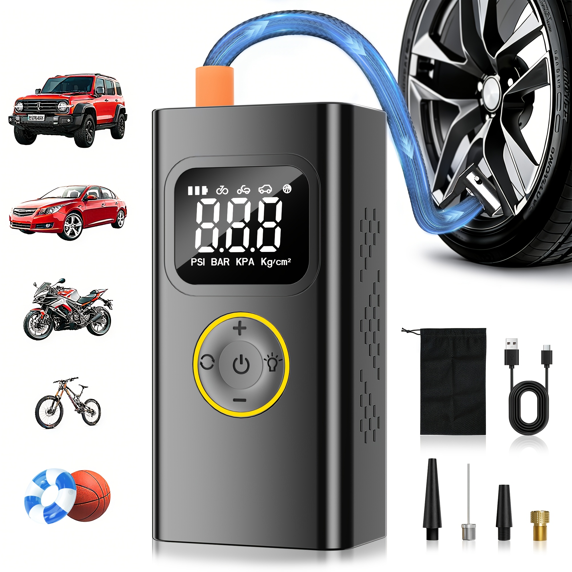 TEMU Portable Air Compressor For Inflating Tires, Featuring A 150psi Pump, Digital Pressure Gauge, And Led Light. This Tire Inflator Is Faster And