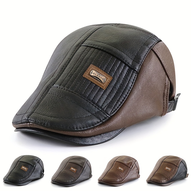 

1pc Faux Leather Newsboy Cap, Middle-aged Men's Flat Cap For Men, For Gifts