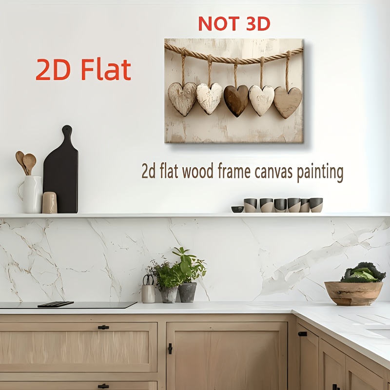 TEMU Art mural 2D plat, 1 pièce, cœurs rustiques en bois sur corde, toile 2D – Affiche avec cadre blanc vieilli et bois naturel, parfait pour , à
