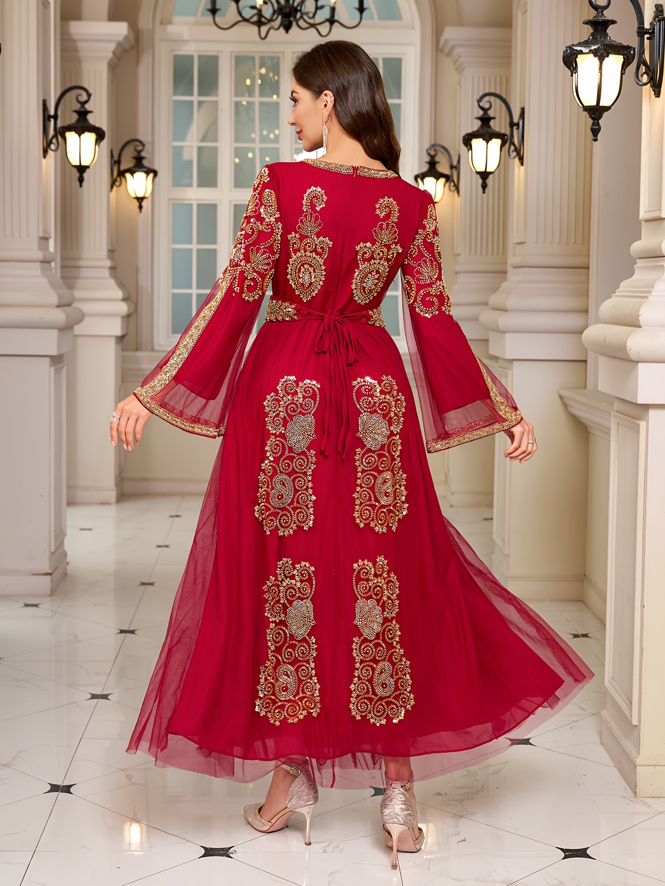 red dress with gold accents Gold Lace Appliqued Red Satin & 3D Rosette Prom Dress