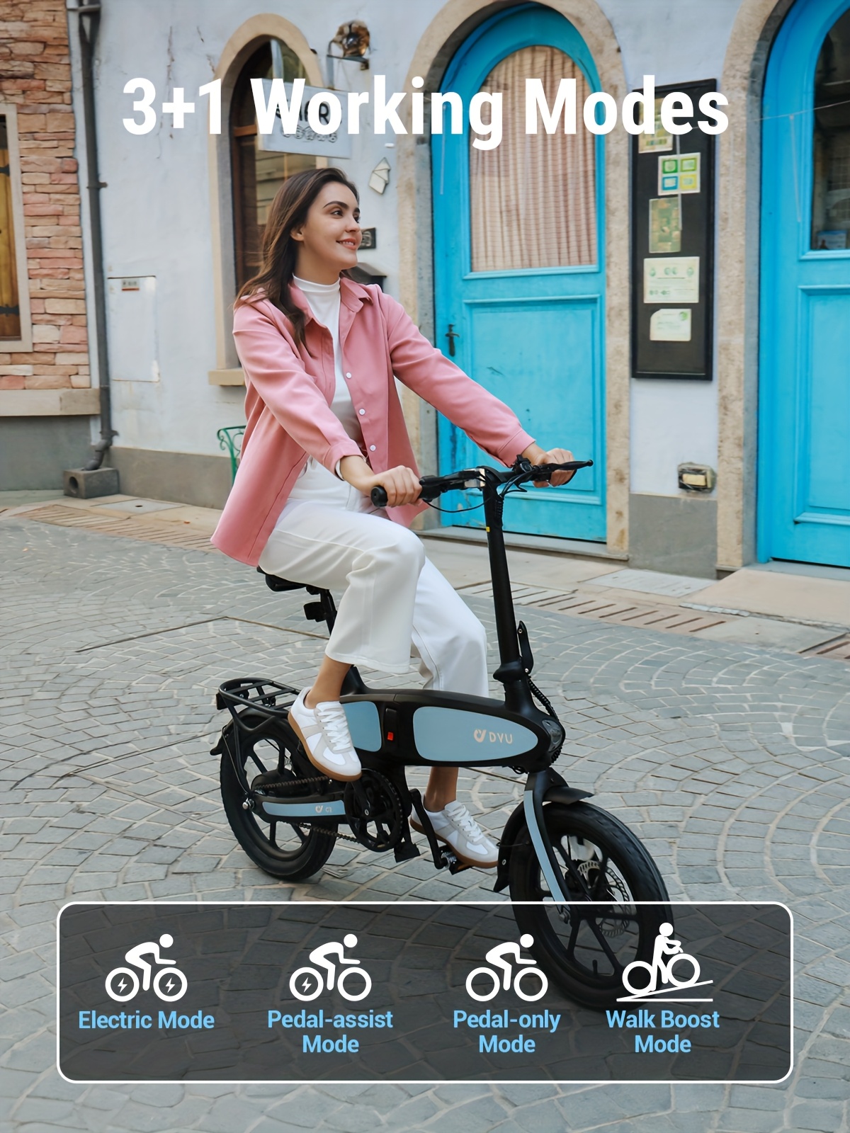 DYU Elektrische Fiets, C2 16 Inch Vouwbare Ebike, 250W Piekmotor, 48V 7.5AH Batterij, Maximale Bereik 38 Mijl, Verstelbare Zadel, 3 Niveau Assistentie, Vouwbare Elektrische Fiets voor Volwassenen/Tieners