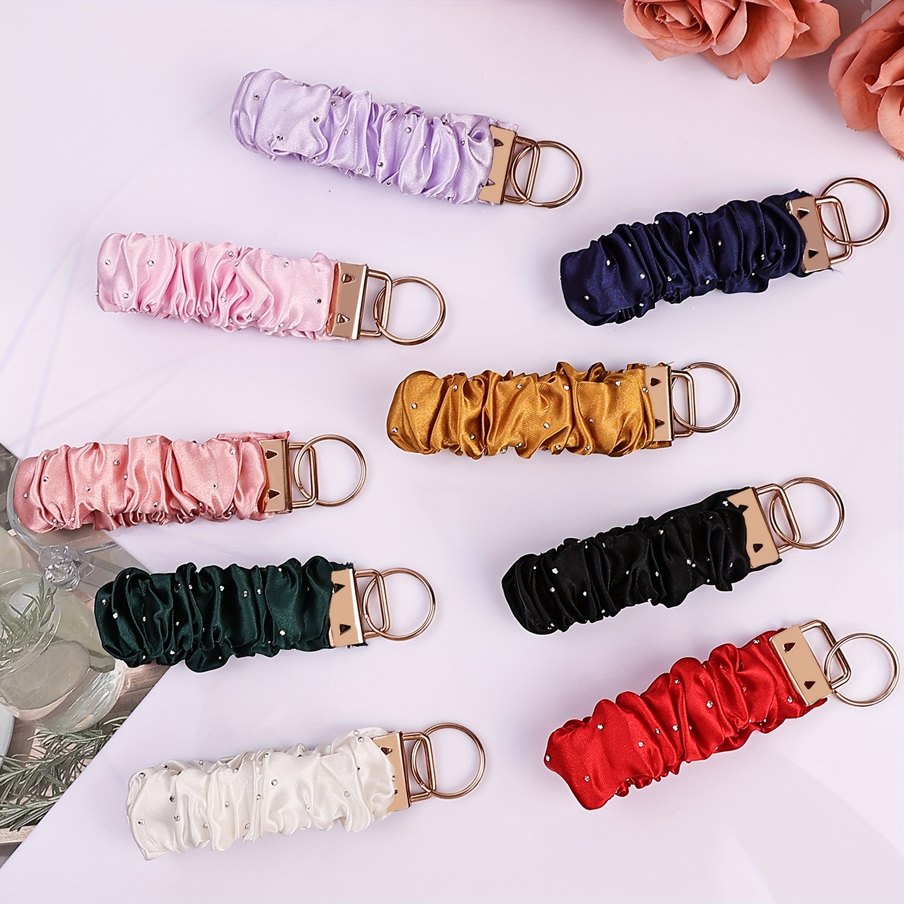 TEMU 9pcs Solid Color Easy Comfortable Hair Tie Keychain, Rhinestone Embellished Elegant Ladies Wrist Keychain