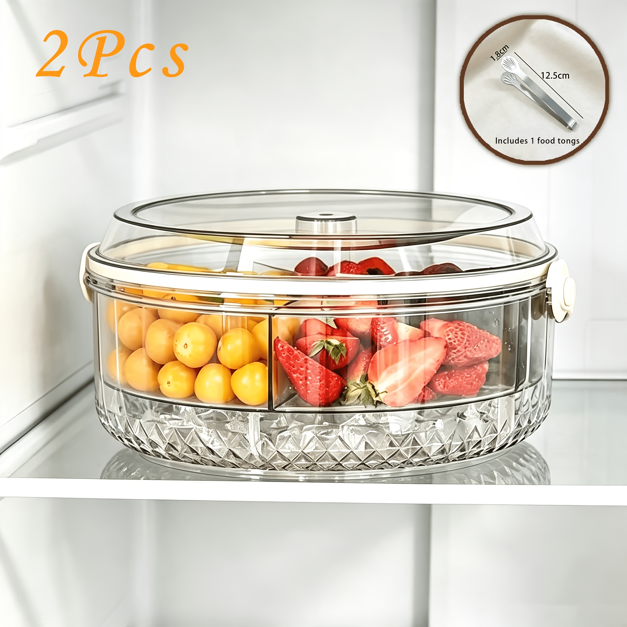 TEMU 1 Set 2pcs Reusable Compartment Divided Snack Container With Lid Handle, Bonus Food Tong, Leak-proof Portable Storage Tray For Picnic Nuts