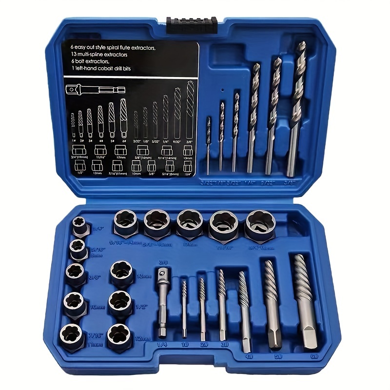 

26pcs/set Screw Extractor And Drill Bit Set, Bolt And Stud Removers, With Blue Carrying Case, For Removal Of Broken Screws And Bolts