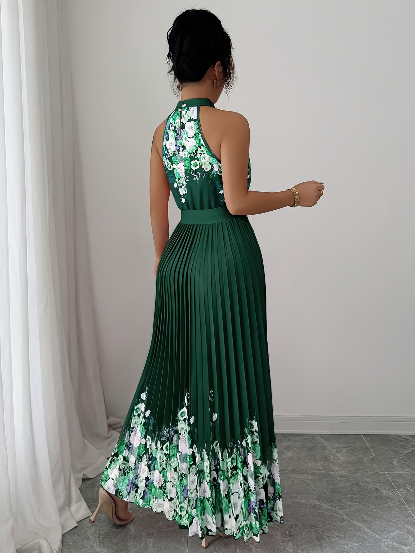 Fashionable New Women'S Summer Halter Floral Print Pleated Dress