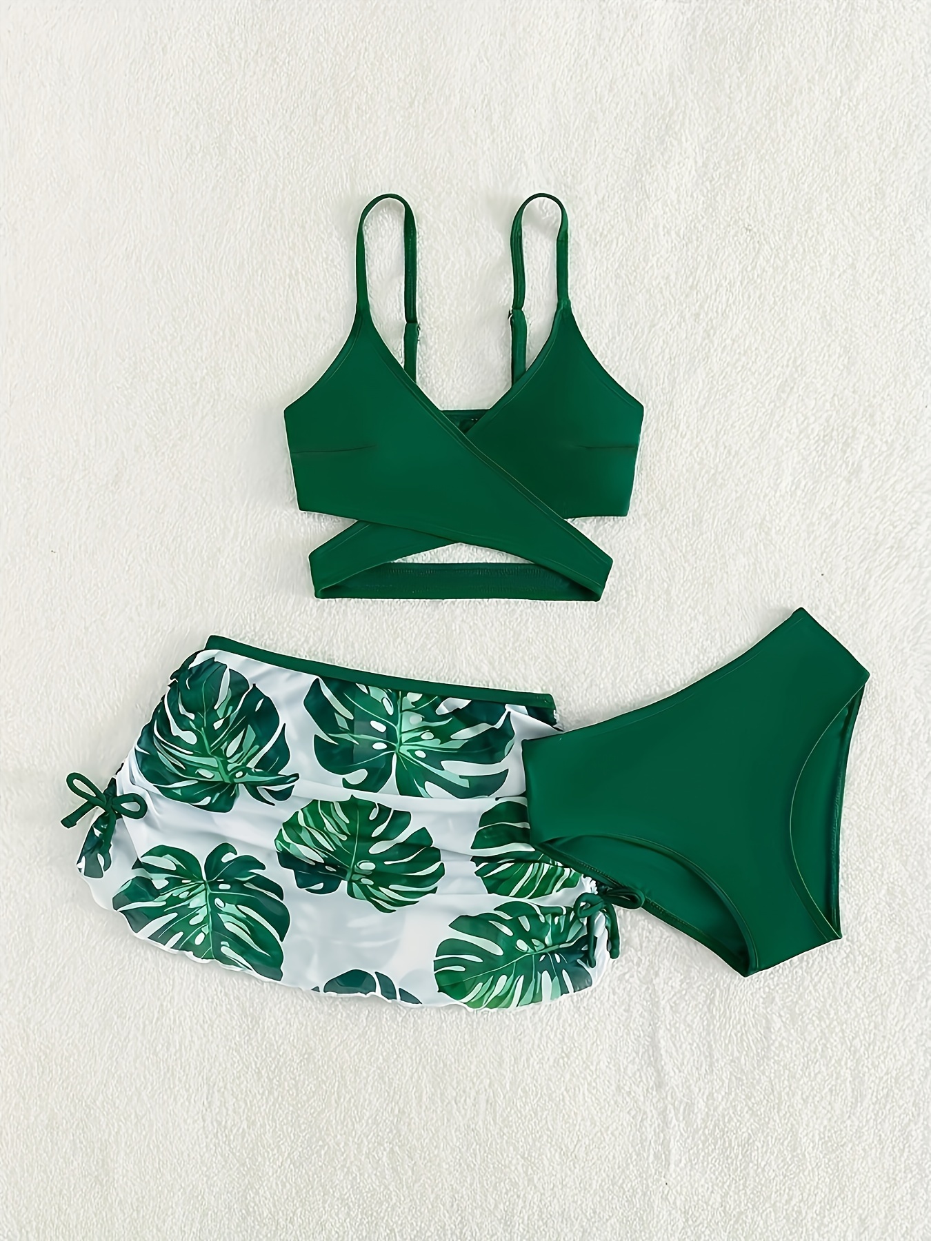 womens vacay swimwear set leaf print high cut bikini with cross strap top cover up skirt summer beachwear