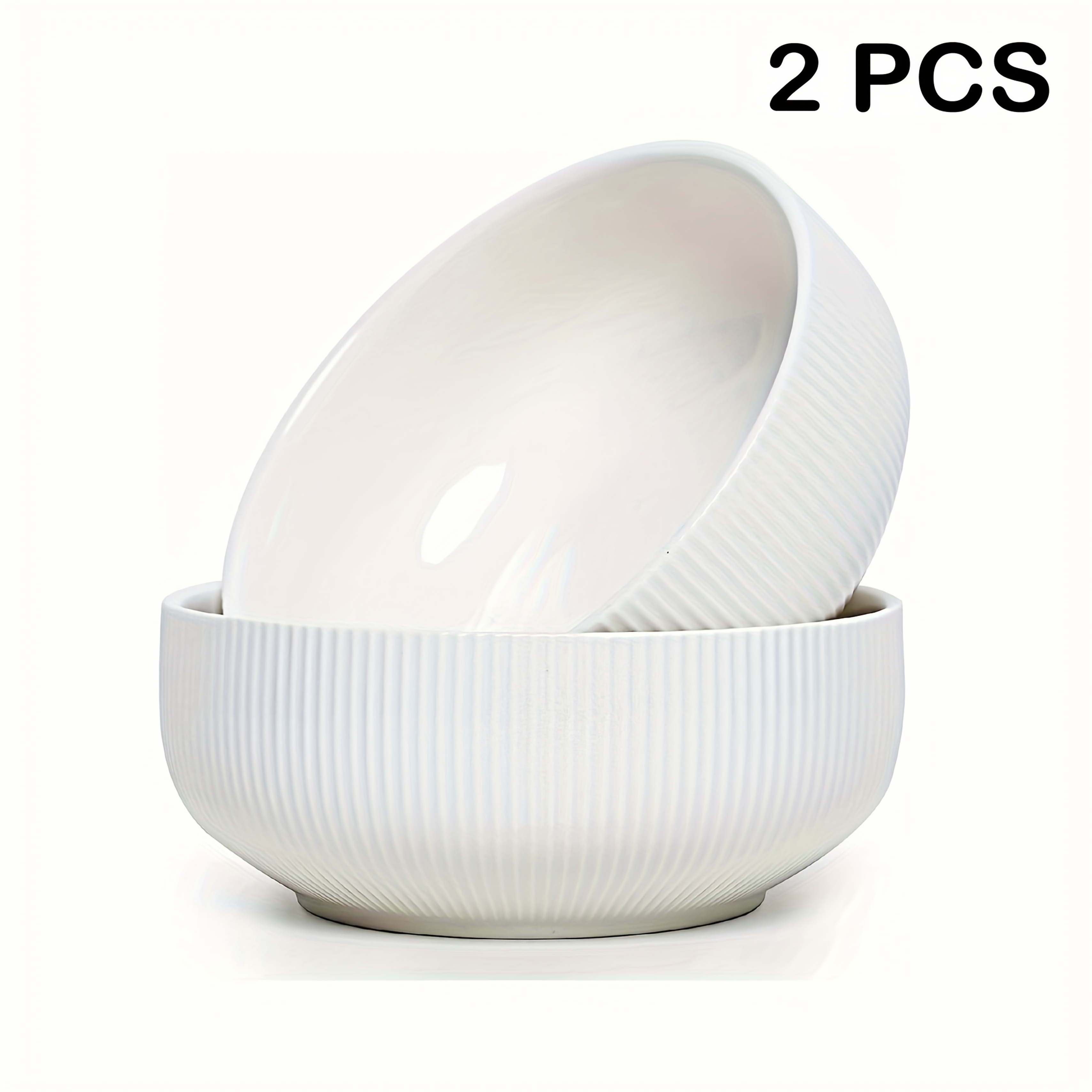 Ceramic Salad Bowl Set, 2pcs White Vertical Stripe, 8-inch 60oz Fruit And Soup Serving Bowls, Microwave Safe