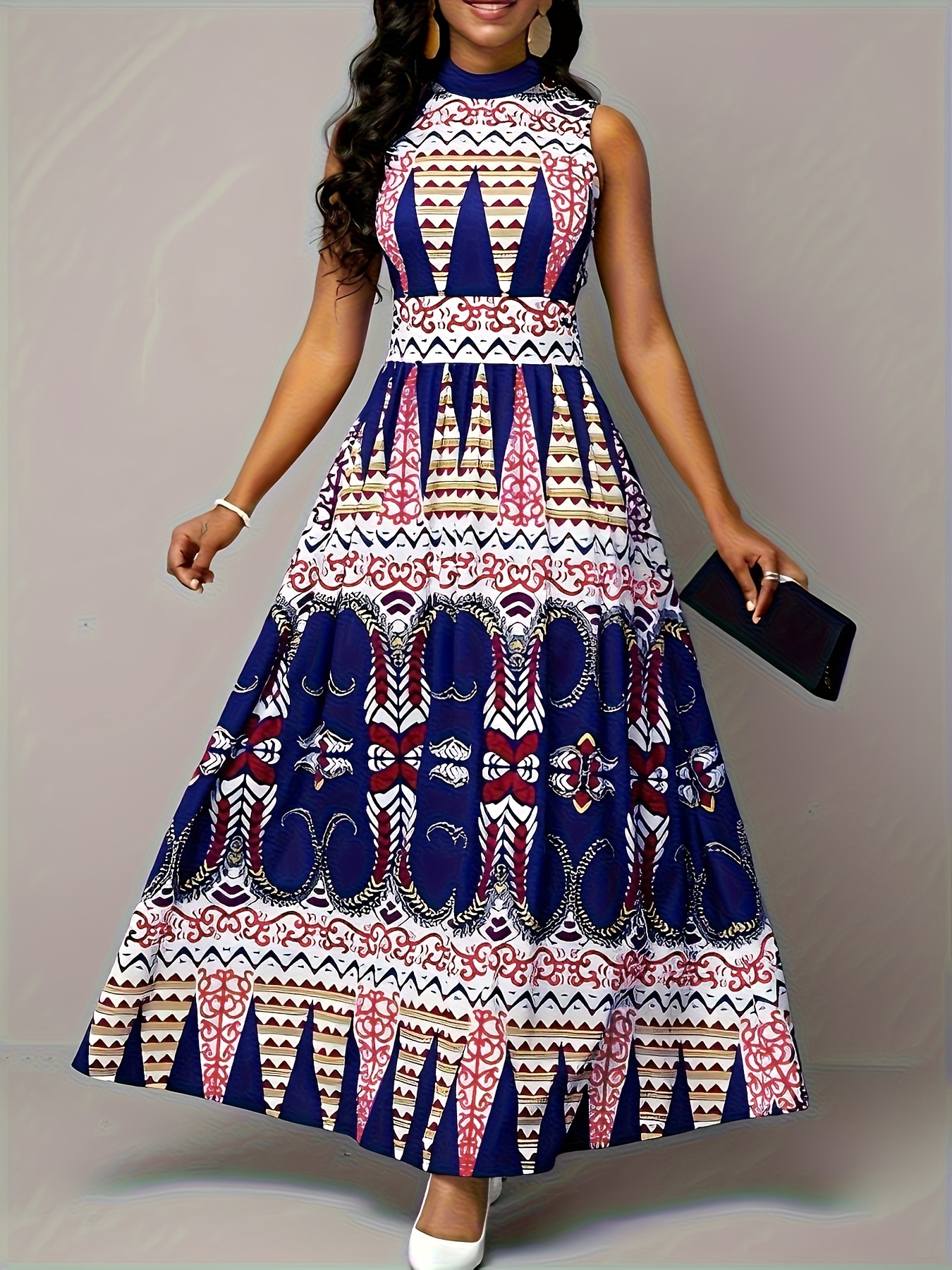 Tribal Print Mock Neck Maxi Dress