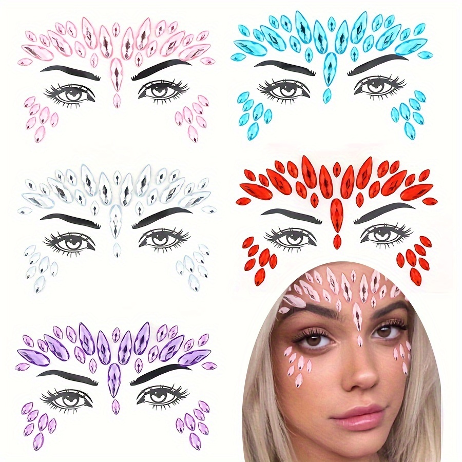 

5pcs, Festive Face Glitter Gems Sticker Set, Rhinestone Temporary Tattoo For Party Dress-up, Jewel Eye Accents, Assorted Colors, Holiday Celebration Accessories, Gift Idea For Music Festival