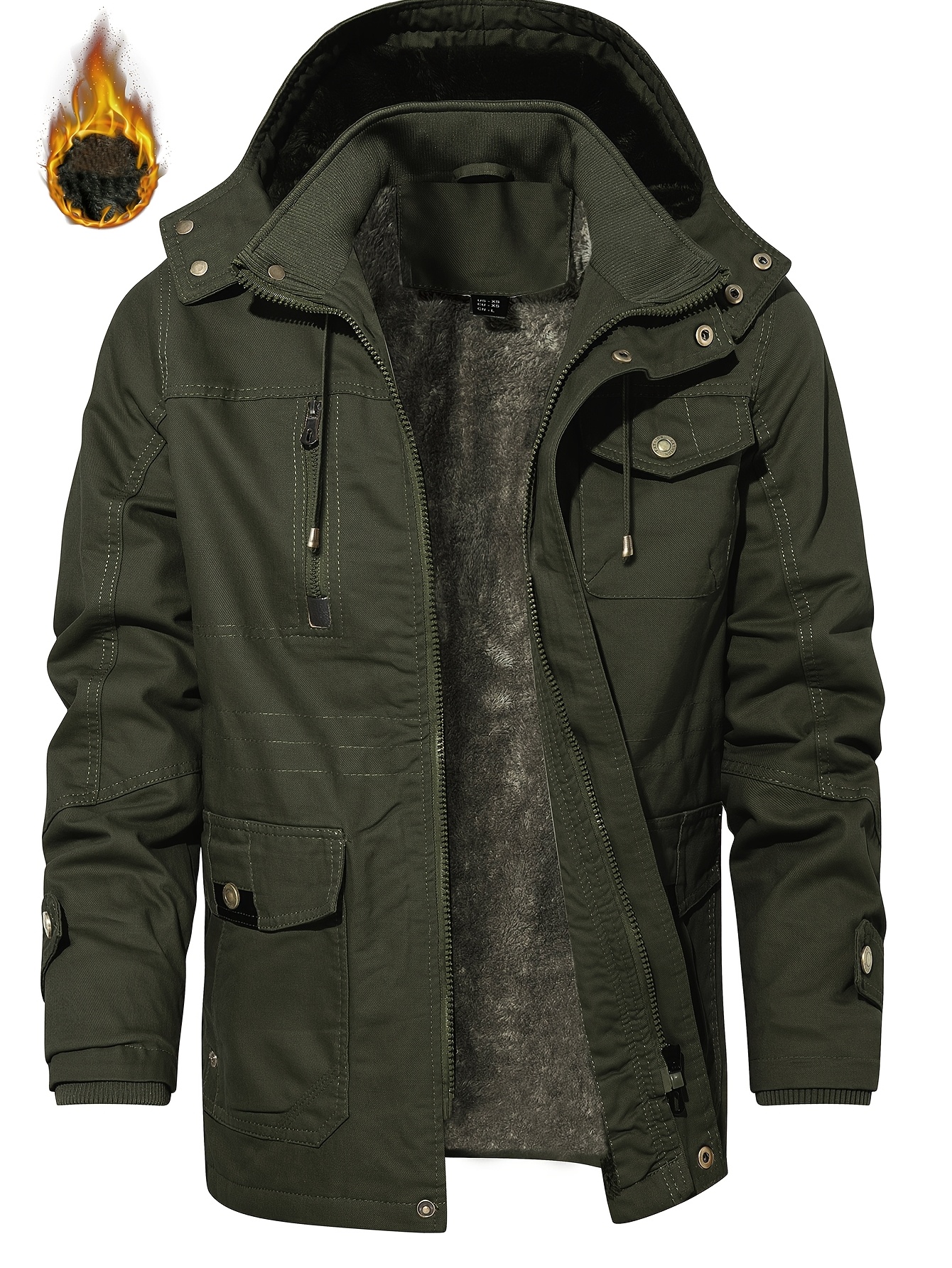Chaqueta con capucha para hombre, abrigo de invierno forrado con polar, resistente al viento, grueso y con múltiples bolsillos, color verde oliva, ideal para senderismo casual y entrenamiento en clima frío, lavable a máquina, tela de poliéster duradera