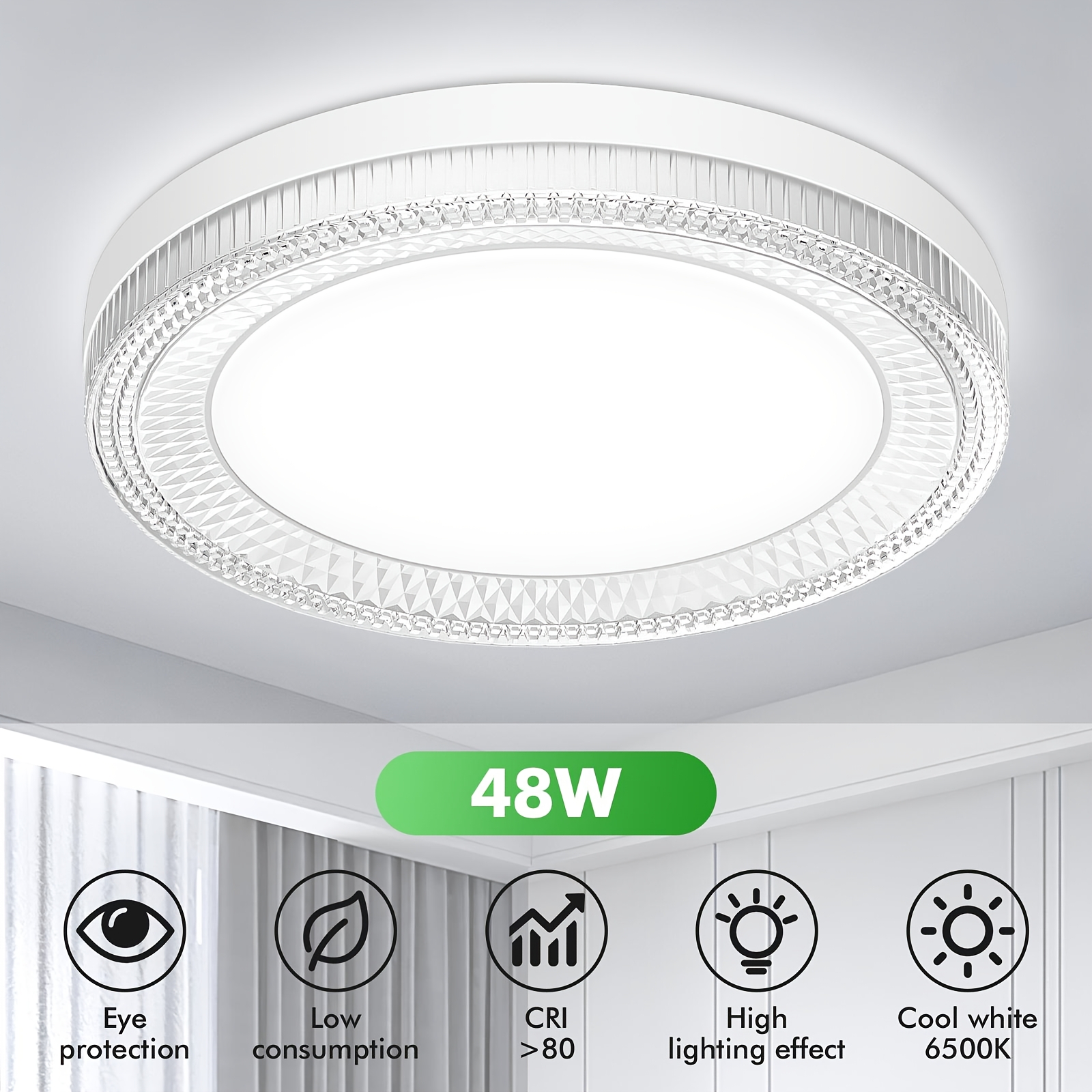 TEMU 1pc/3pcs/6pcs Lámpara de Techo LED de Cristal de 48W, Lámpara de Techo LED, Fría 6500K, Índice de Representación de Color (CRI) 80+, Diseño de