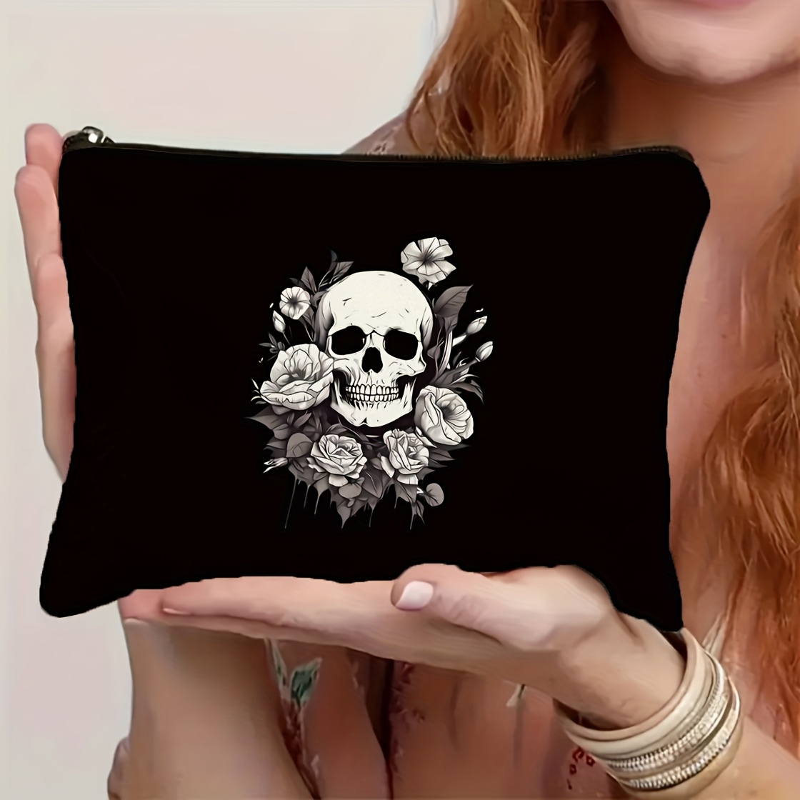 Image of Gothic And Floral Print Cosmetic Bag - Perfect Gift For Unique Women, Sisters, Girls, And Nieces - Makeup And Travel Essentials Organizer - Ideal For Christmas, Thanksgiving, Halloween, And Birthdays