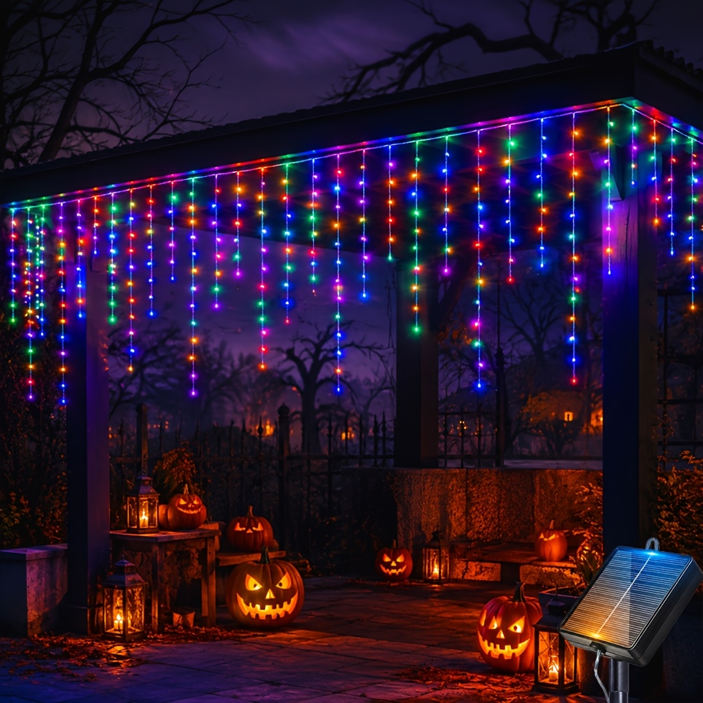 TEMU 198/108led Halloween Lights, Led Icicle String Lights, Hanging Lights, Cascading Waterfall Effect, Solar Fairy Lights Outdoor, Halloween